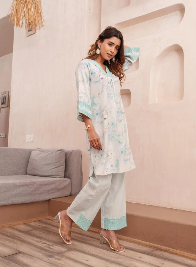 دي دبليو طقم منسق من تونيك وبنطال بطبعة زهور للنساء